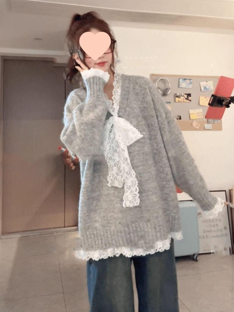 Grey Lace Long Sleeve Loose Knit Sweater - Spring/Autumn Design