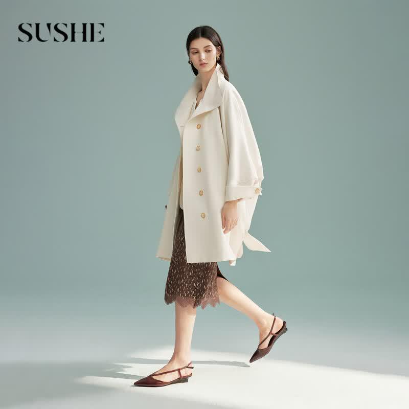 SUSHE Fuman Stand Collar Batwing Sleeve Wool Cape Coat M