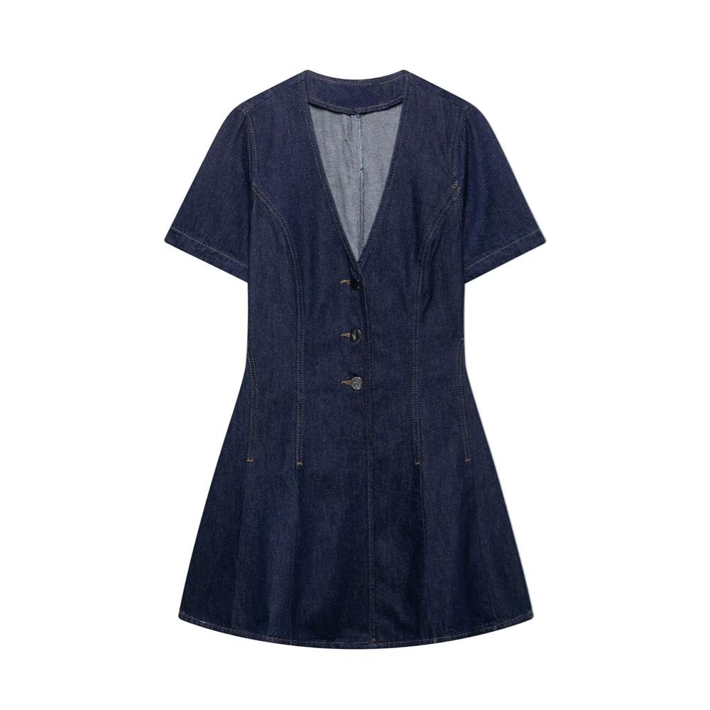 

Женское повседневное джинсовое платье с V-образным вырезом, приталенного силуэта, весна/лето 2025 Small темно-синий