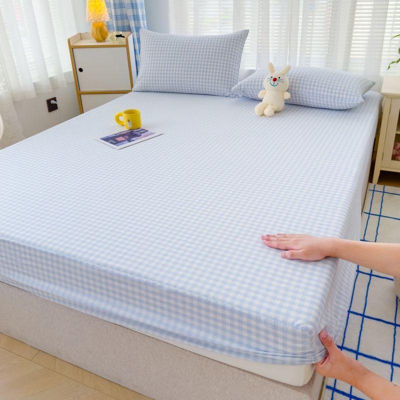 Japanese Style Washed Cotton Checkered Bed Sheet Three Piece Set, Fully Wrapped Bed Sheet, Non Slip Single Piece, Simmons