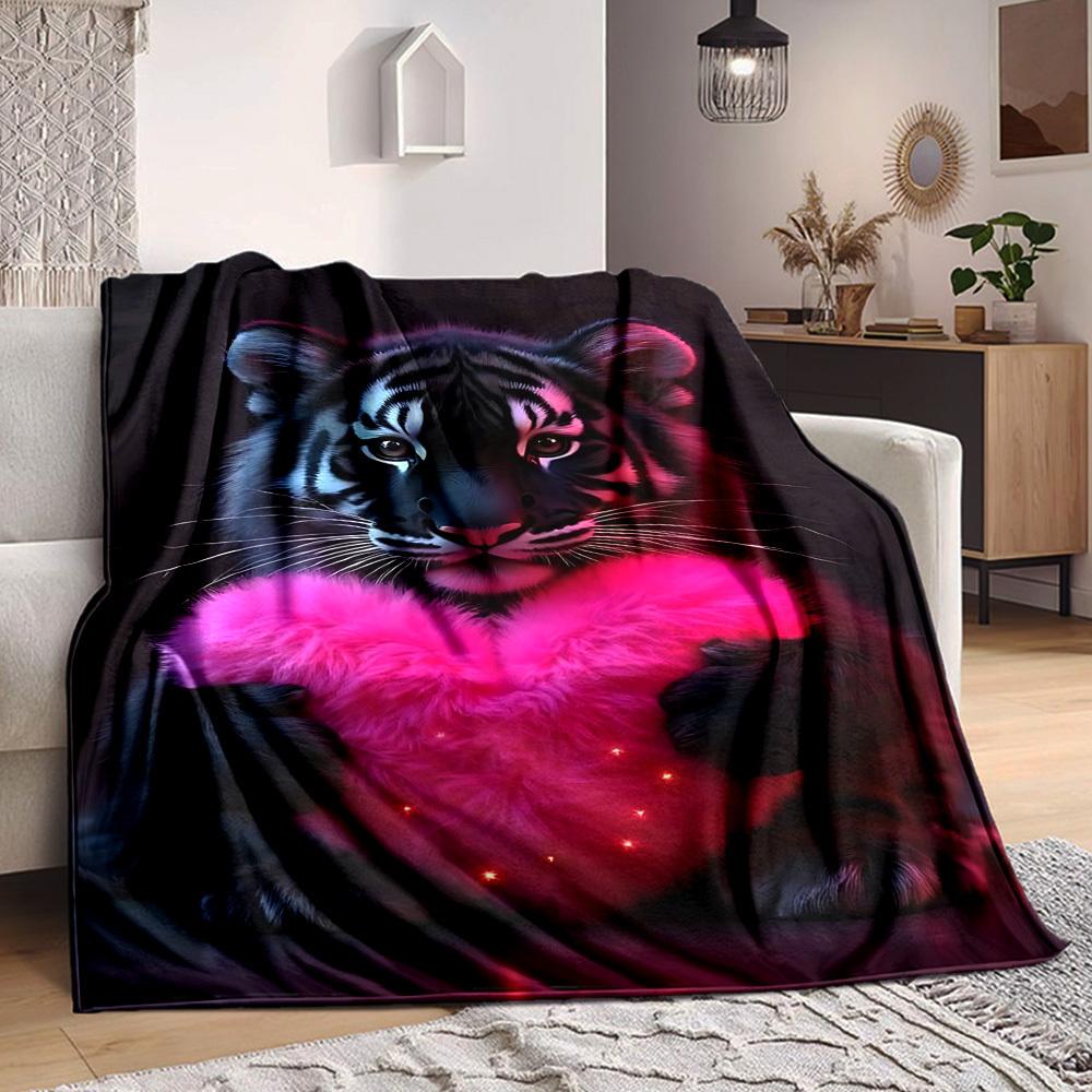 1pc Tiger Glowing Heart Blanket Lightweight Blanket Throw Blanket For Sofa, Bed, Travel, Camping, Livingroom, Office, Couch, Chair Yy251010013