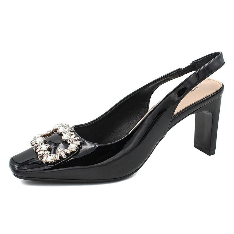 8-Square head patent leather single shoes women's rhinestone square buckle thick heel high heels bag head empty high heel sandals