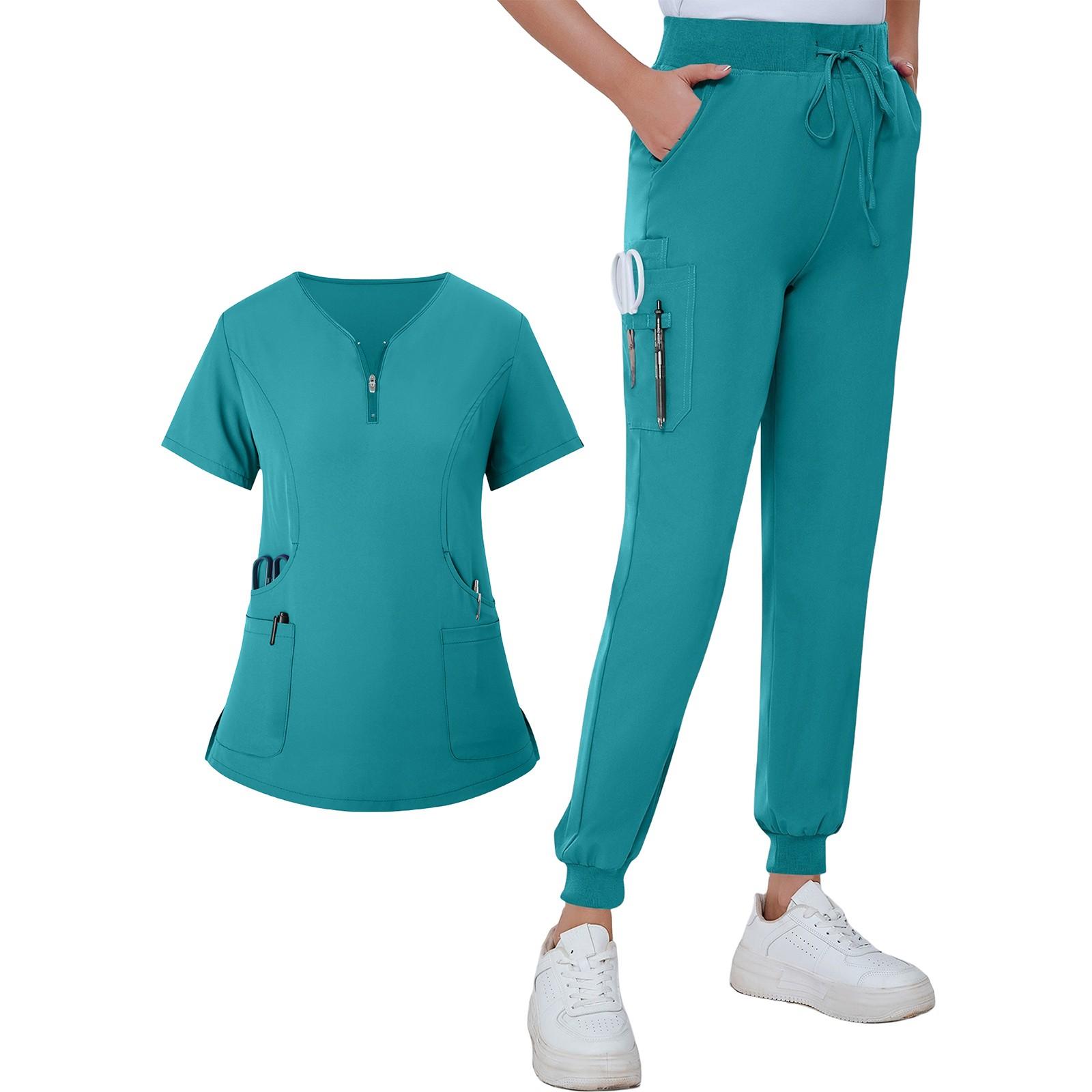 Женская летняя свободная униформа с V-образным вырезом на молнии с карманами и короткими — фото 5