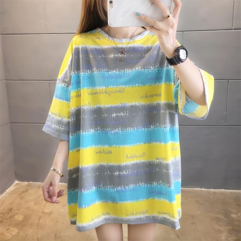 Color Stripes Contrast Color Summer 2025 Large Wide Women's Top Women's Short Sleeve T-Shirt Crew Neck