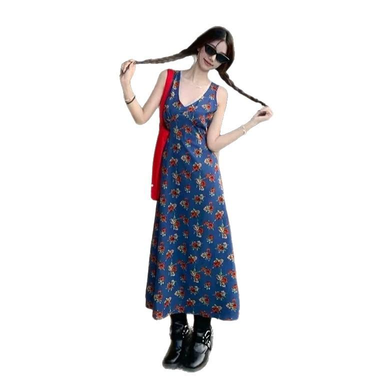 French Retro Floral V-neck Suspender Dress Children's Summer Small Waist Temperament Sleeveless Vest Long Dress