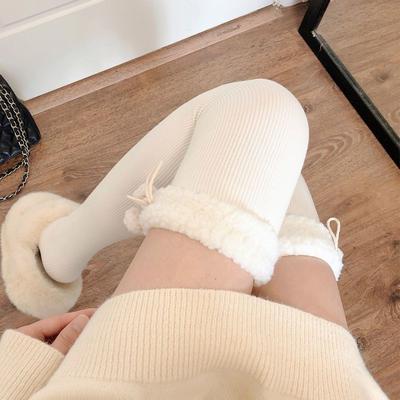 Japanese White Cute Autumn And Winter Plus Velvet Striped Over The Knee High Socks Lamb Fur Edge Wool Ball Long Tube Pile Socks