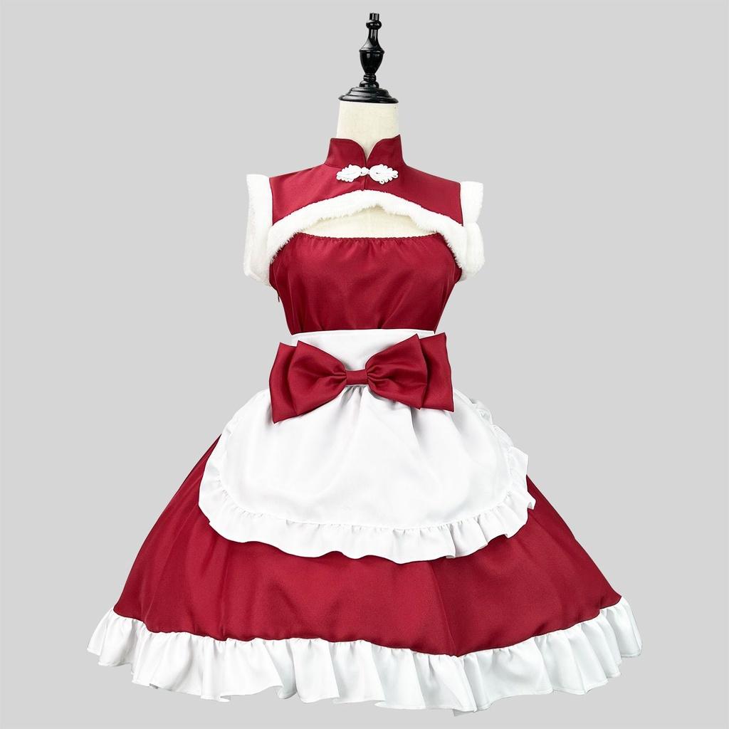 Christmas Woman Sexy Maid Outfit Santa Cosplay Costumes Bow Lolita Wine 5xl Red