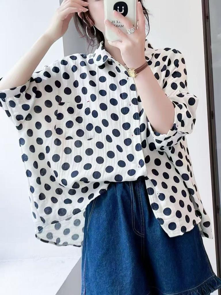1116 Sommer Neu Damen Revers Japanischer Polka-Dot Top Cardigan Lässiger Literarischer Stil Ins Kurze Ärmel