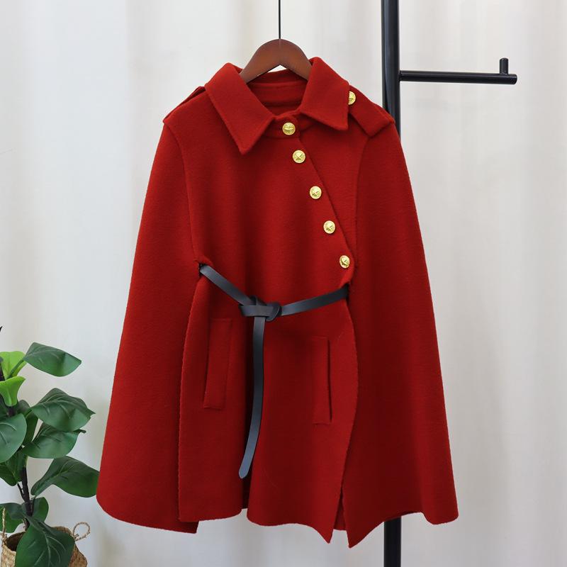 Autumn and winter new belt knitted double-sided woolen cloak coat high-end temperament sweater shawl women