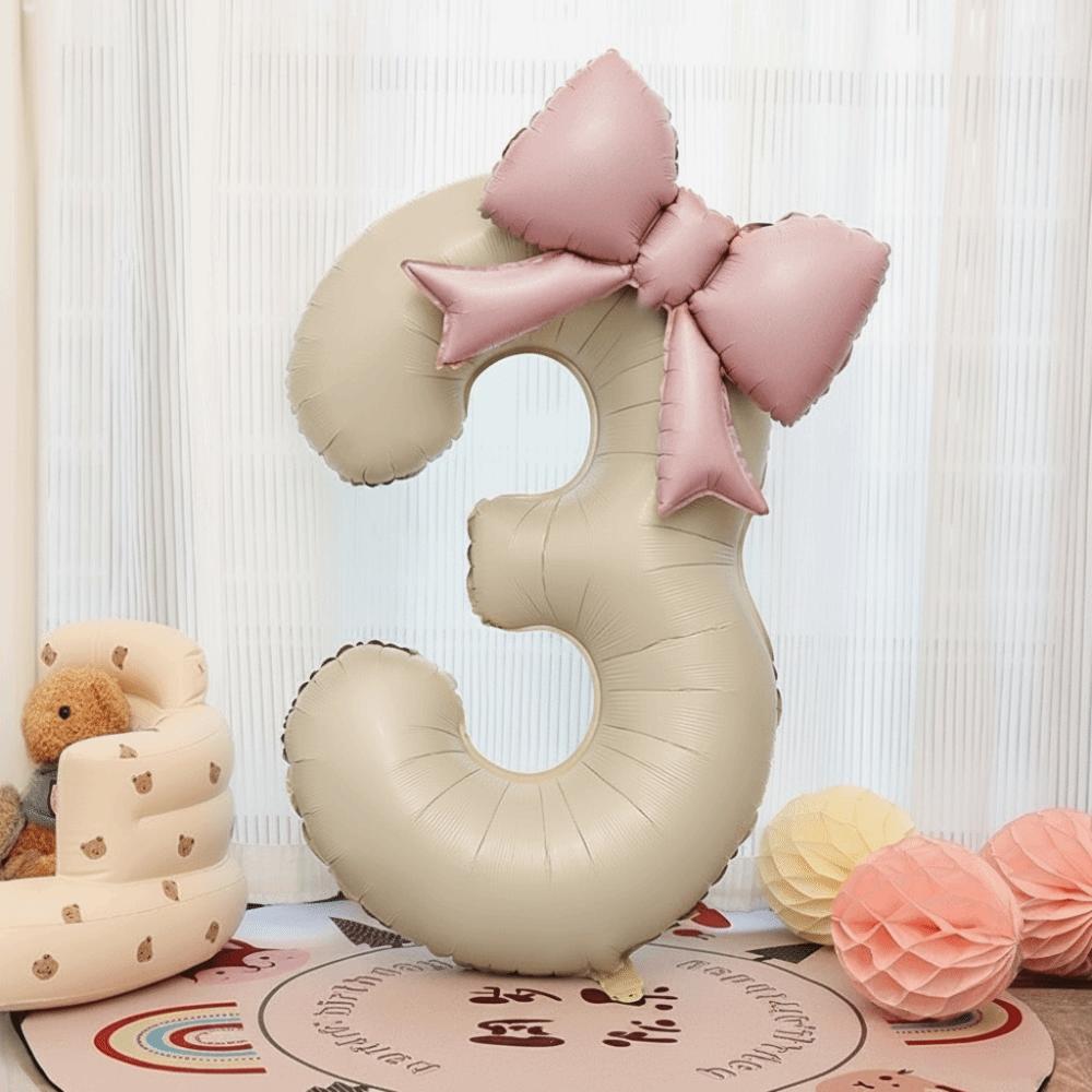 40 Inch Number 0-9 Balloon Cream White with Light Pink Bow Aluminum Foil Balloons New Year Decorations Birthday Party Balloons