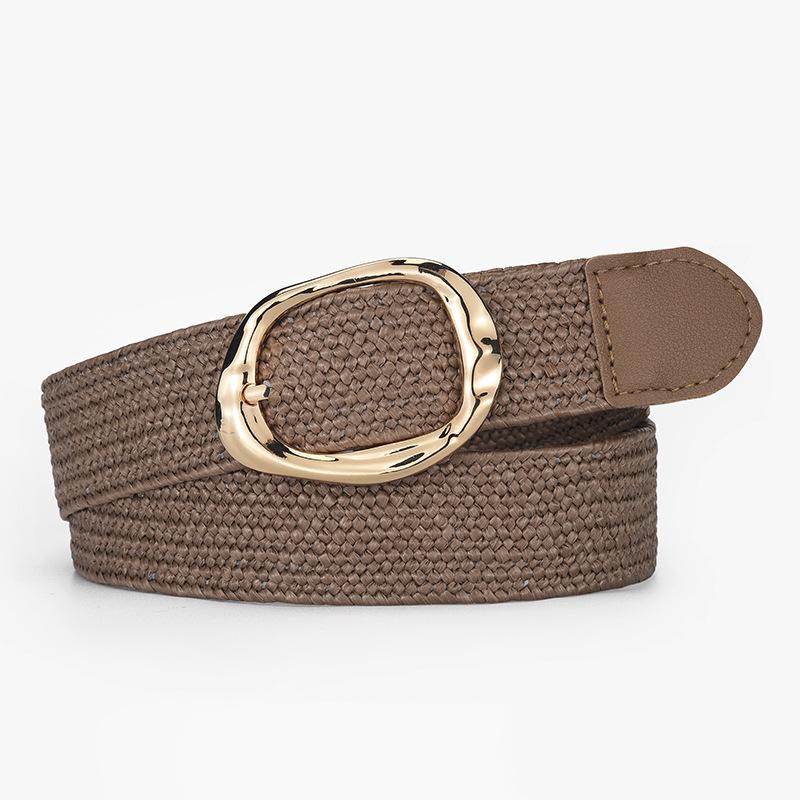 Women's Elastic Woven Straw Belt with Egg Shape Alloy Buckle - Retro Casual Design