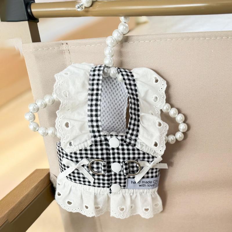 Pet Dog Clothes Lace Skirt Pastoral Style Black Plaid Harness Puppy Dresses Universal Harness Tractionable Retro Princess Dress