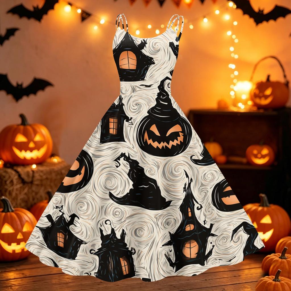 Womens Halloween Print Off Shoulder Dress Vintage Punk Party Dress Flared Skirt Sleeveless A Line Dress