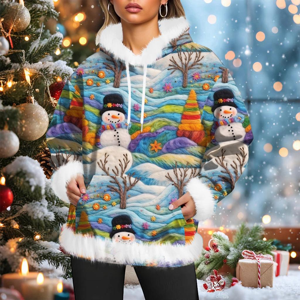 Dámská vánoční ležérní mikina s kapucí podšitá fleecem, s dlouhým rukávem a kapsami