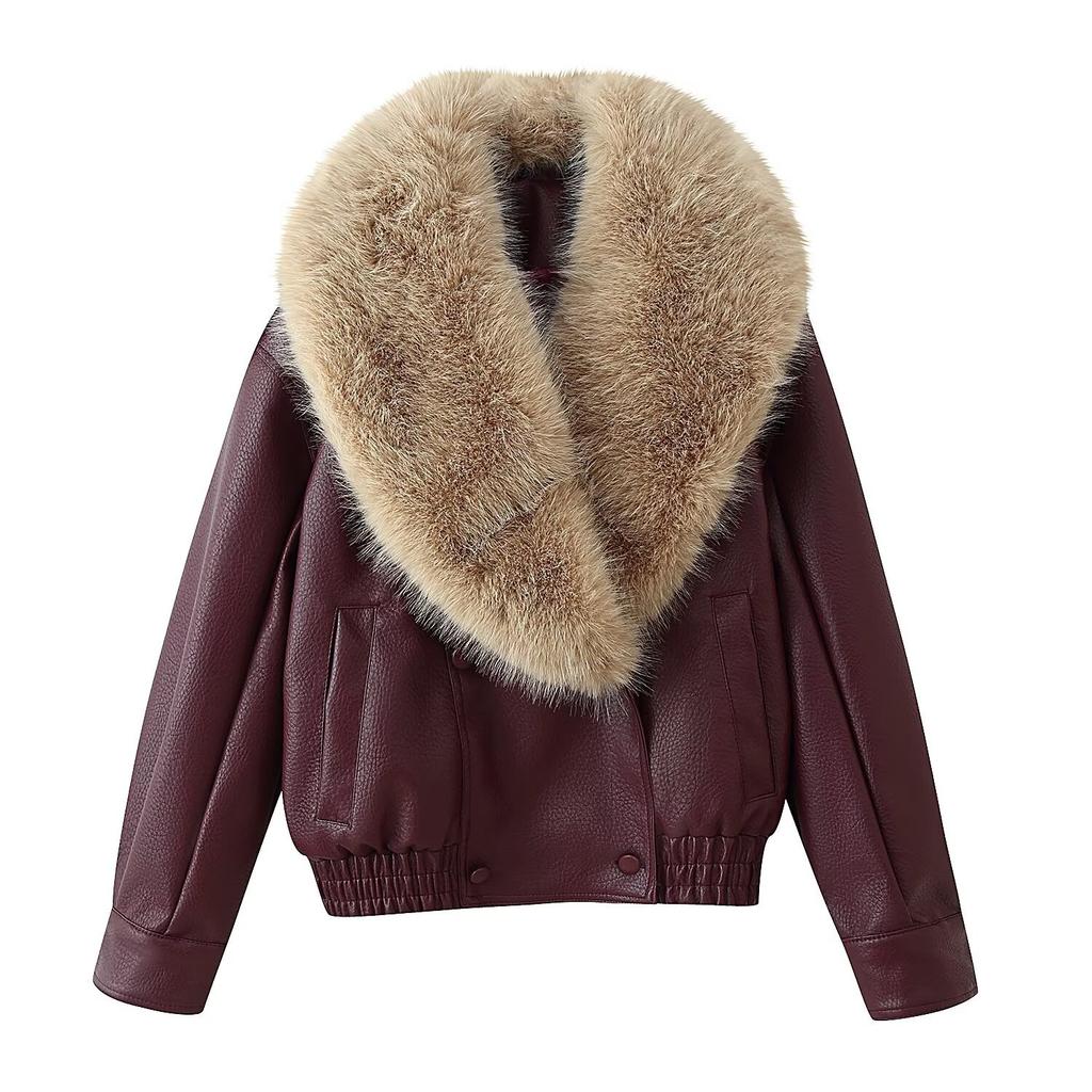 New, fashionable and casual fur collar high-end, three-color fur collar loose leather jacket