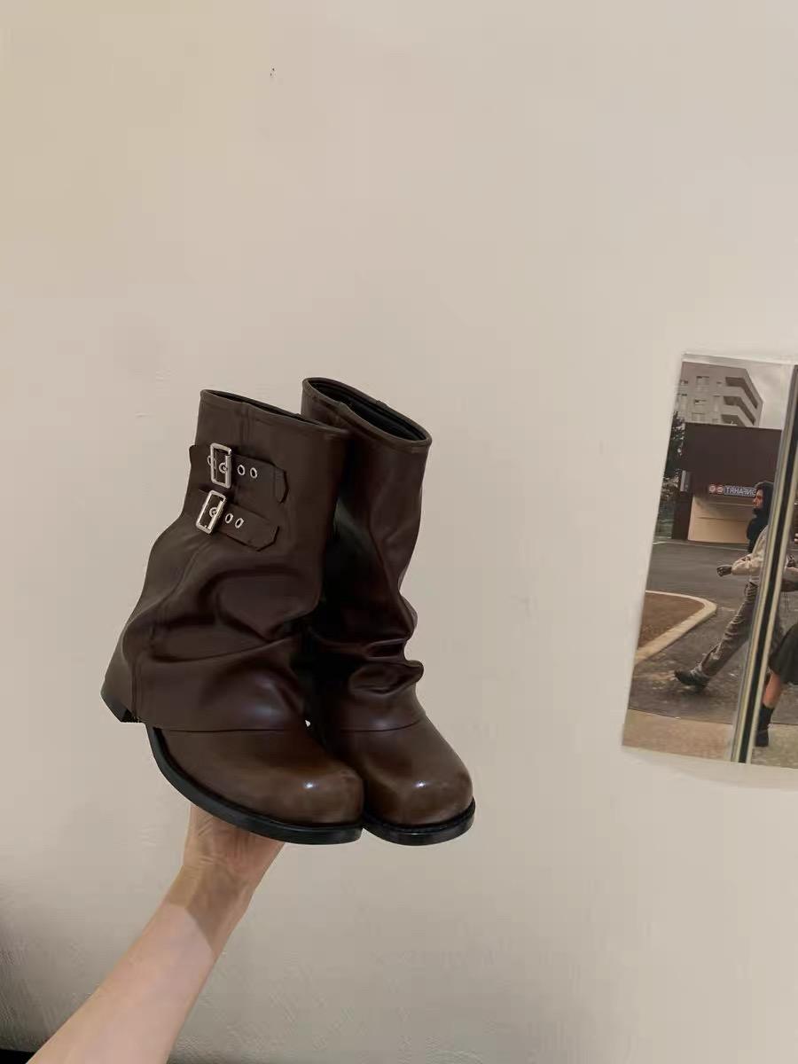 

Мода Осень Зима Винтаж Женские Западные Ковбойские Сапоги Женские Лаконичные Толстый Каблук Короткие Ботильоны Zapatos De Mujer 35 коричневый