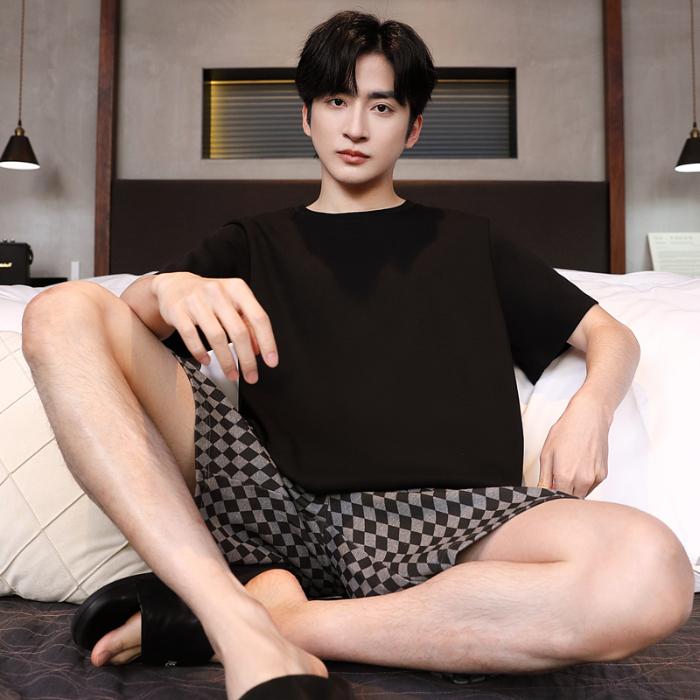 

Мужские пижамы с короткими рукавами, шорты, одежда для сна с рисунком, домашняя одежда, студенческие двухкомпонентные полосатые однотонные молодежные пижамы, домашняя одежда L