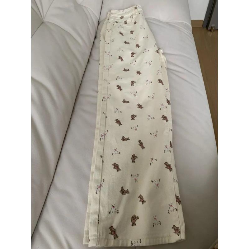 High Street cartoon bear floral jeans women's new straight loose drape floor wide-leg pants