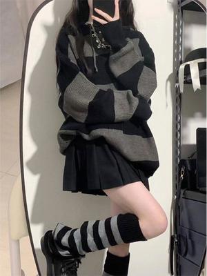 Vintage pruhované svetre s kapucňou dámske Harajuku gotický pletený pulóver Retro voľný ležérne oversized pulóvre topy grunge