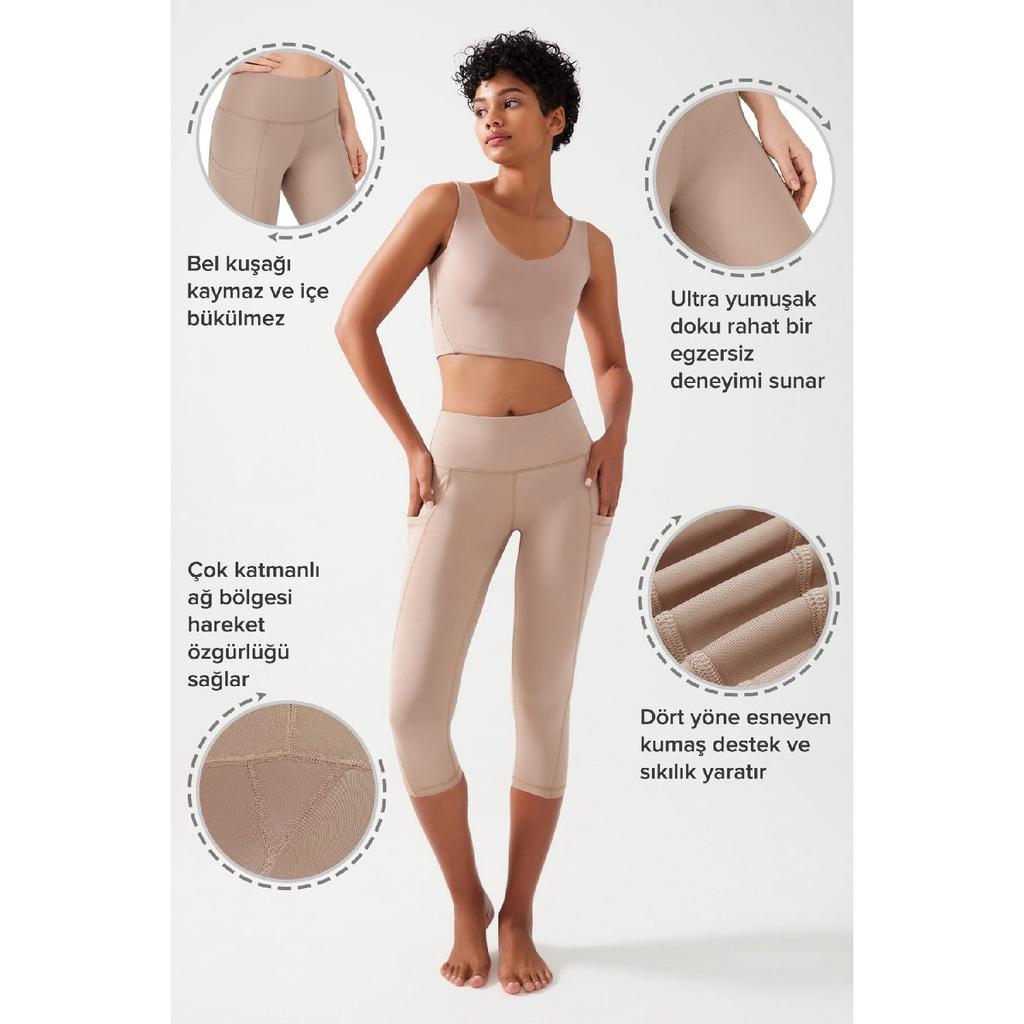 Women's Black High Waist Collecting Double Pocket Below Knee Capri Leggings Capri