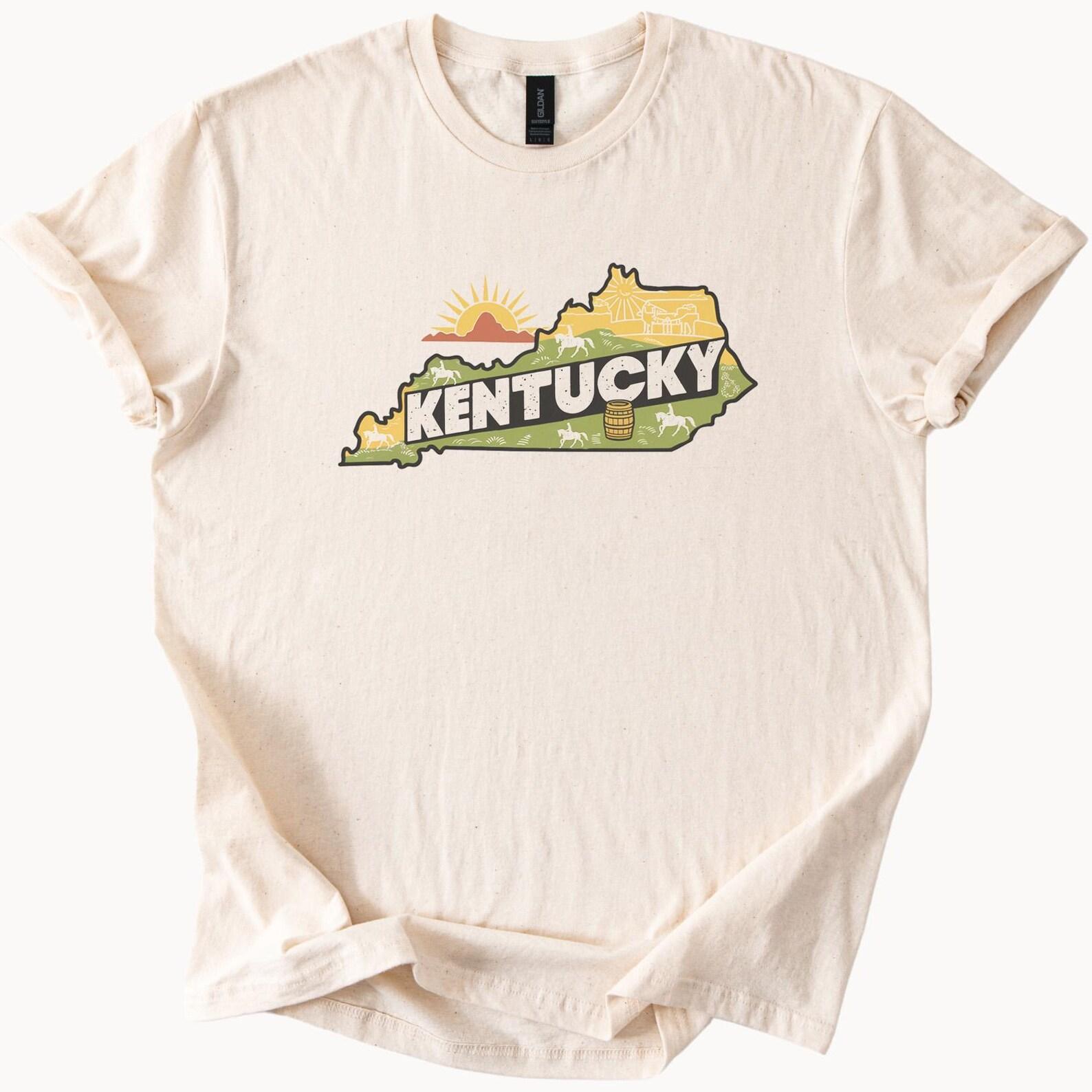 Kentucky State Outline Graphic T Shirt with Sun Horse Farm Barrel and Countryside Art Kentucky Souvenir Shirt Gift for Kentucky Lovers 140