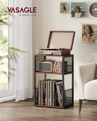 Supporto per Giradischi, Tavolino a 3 Piani, Contenitore per Dischi in Vinile fino a 100 Album, Tavolino da Salotto, Camera da Letto, Marrone Rustico