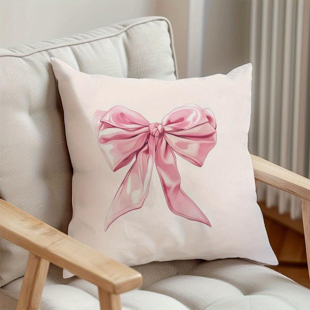 Pink Bow-Print Pillowcase, Polyester Fabric, Machine Washable, Suitable For Bedroom And Living Room Dcor.