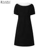ZANZEA Women Casual Navy Collar Loose Short Sleeve Pleated Dress
