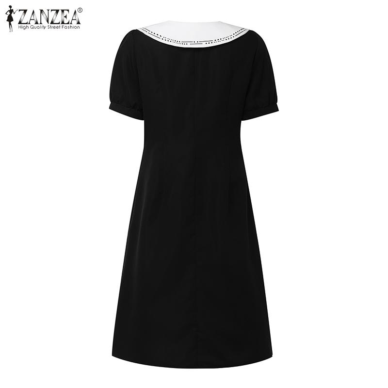 ZANZEA Women Casual Navy Collar Loose Short Sleeve Pleated Dress