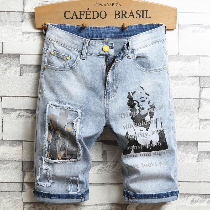 Japanese Fashion Brand Patch Printed Denim Shorts Men's Small Straight Leg Loose Fitting Horse Pants Men's Denim Shorts Mid Pants