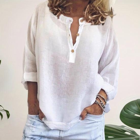 Women Shirt V-Neck Long Sleeve Loose Fit Solid Color Blouse Buttons Half