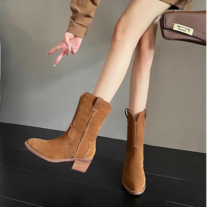 Fashion Luxury Cowhide Slip-on Platform Increased Western Cowboy Boots for Women Designer Soft Sole Casual Pointed Toe Women's Shoes