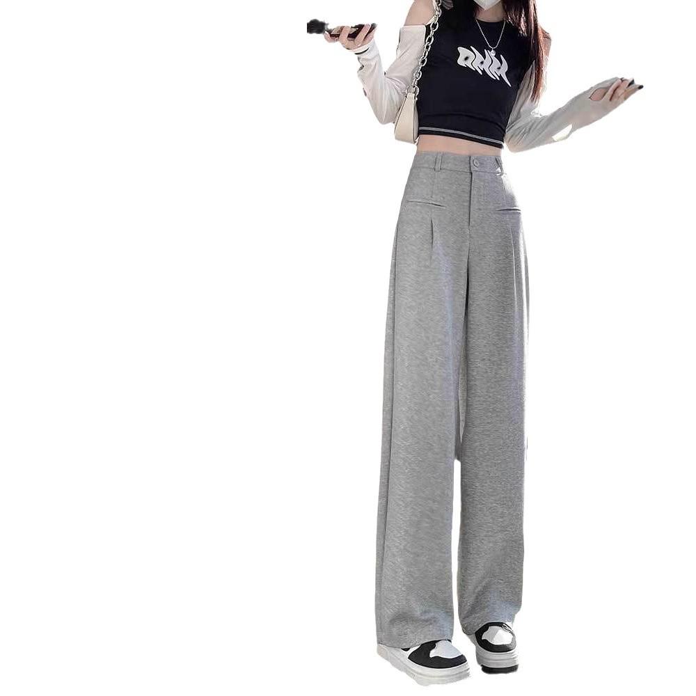 Petite Gray Wide Leg High Waist Pants for Women - Spring/Autumn