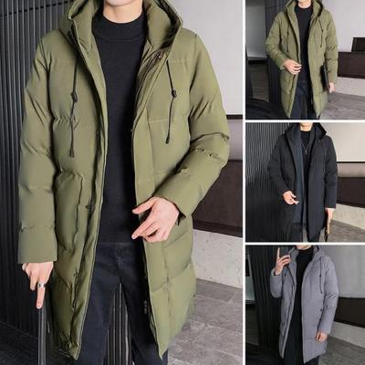 Manteau en coton pour hommes, capuche, cordon de serrage, manches longues, fermeture éclair complète, veste en coton avec poches latérales, couleur unie, mi-longue, vêtements d'extérieur d'hiver