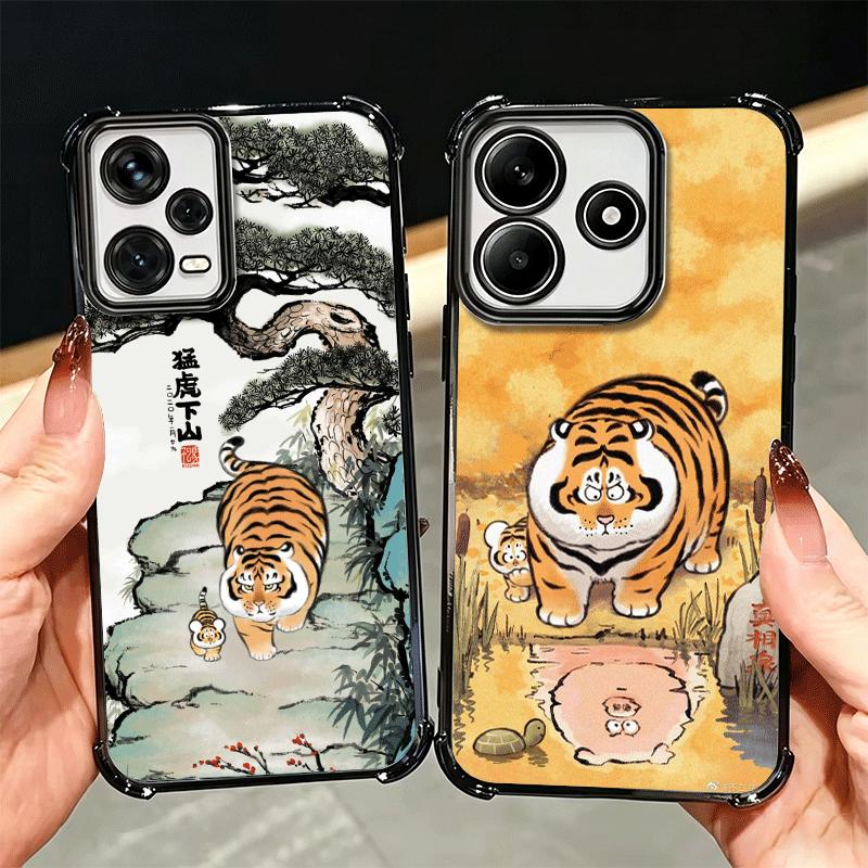Cartoon Fat Tiger Funny Plating Phone Case For Xiaomi Redmi Note 14 15 Pro Plus 13 12 11 11S 11T 10 9S 9 5G Anti-Fall Airabag Co