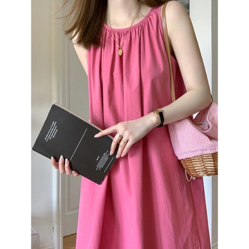 Raspberry sleeveless dress women s summer new high-end temperament white vest long skirt S