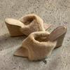 Fashion Fluffy Women Slippers Wedges Platform Sandals Pointed Toe High Heels Shoes 2025 Winter Designer Brand Party Dress Sexy Shoes