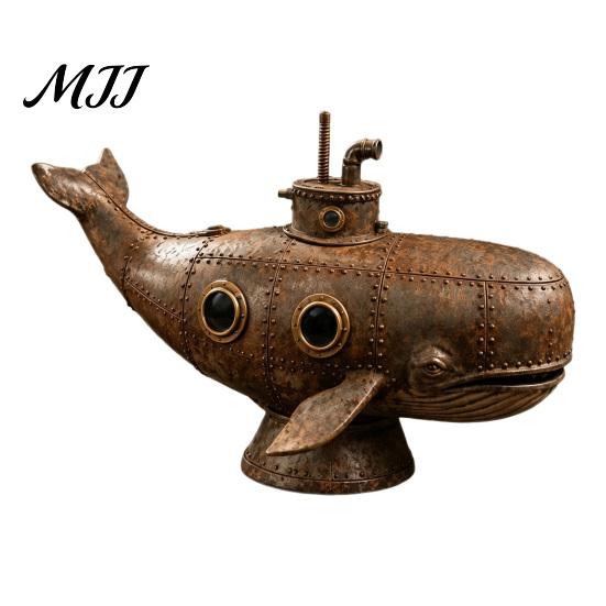 Retro Style Room Decor Vintage Mechanical Whale Sculpture, Futurism Steampunk Submarine Art Statue, Resin Aged Look Marine Statue Rivet Model for Home