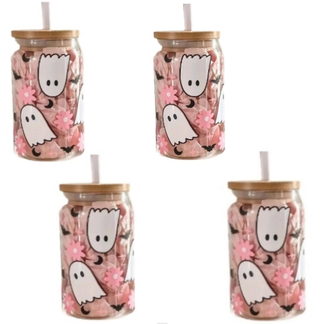 

Набор из 4 стеклянных банок на Хэллоуин объемом 550 мл/18,7 унций с бамбуковой крышкой и трубочкой — идеально подходит для холодных напитков, подходит для сока, молока и т. д. 501-600ml