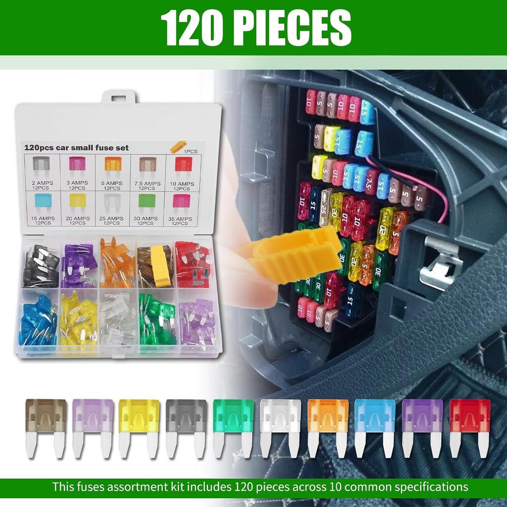 120PCS Car Mini Fuse Kit & Fuse Puller Tool,Colorful Car Fuses Assortment Kit for Size (35A 30A 25A 20A 15A 10A 7.5A 5A 3A 2A),Replacement Cars Mini