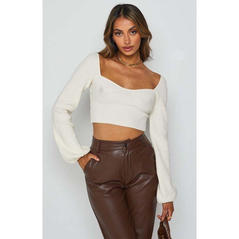 Stylish Retro off-Shoulder Square Collar Slimming Slimming Puff Sleeve Long Sleeves Pullover Knitwear Open Back Sexy Sweater Women