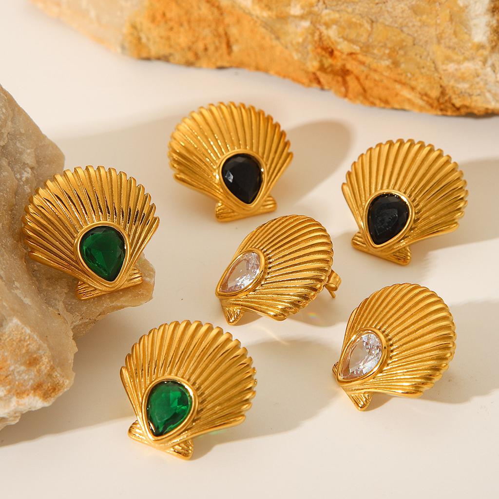 18K Gold Stainless Steel Scallop Zircon Earrings for Women, Light Luxury Versatile Studs, Ocean Titanium Steel Ear Jewelry