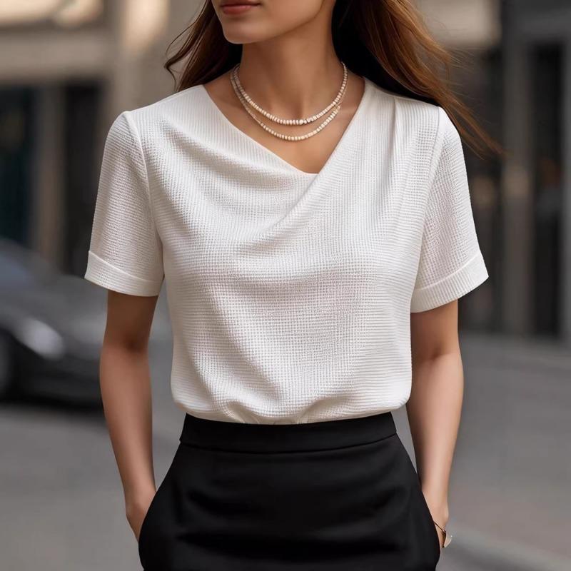 Womens Asymmetrical V Neck Waffle Knit Short Sleeve Blouse S белый