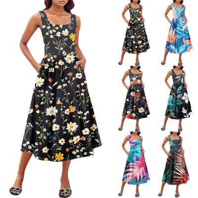 Damen Sommer Frühling Casual Floral Sommerkleid Ärmellos Strand Urlaub Flowy Boho Tank Midi Kleider