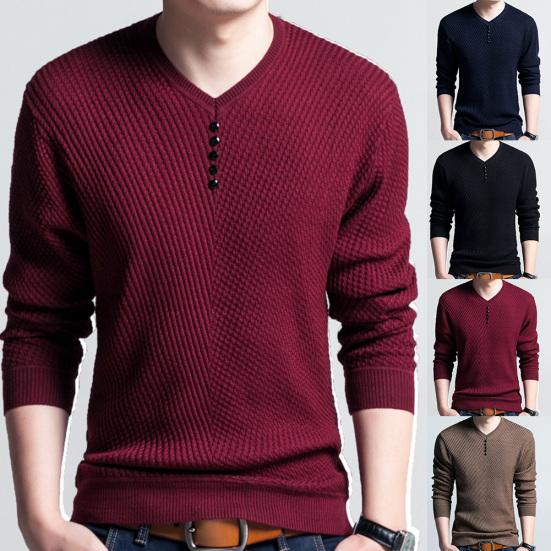 Chic Men Solid Color V Neck Long Sleeve Pullover Slim Fit Knitted Sweater Blouse