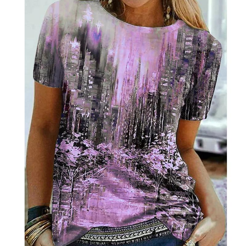 Dame Sommer T-skjorte Trendtrykk Retro Mote Kortermet Tees Casual Trykte Topper