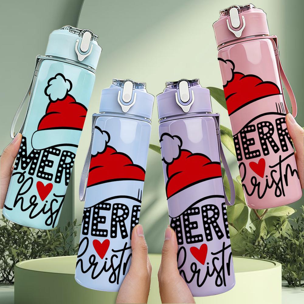 1PC Merry Christmas Santa Hat Graphic,750ml Color Plastic Sports Water Bottle,Leakproof Flip Straw Lid,Suitable for Sports Office Home Use