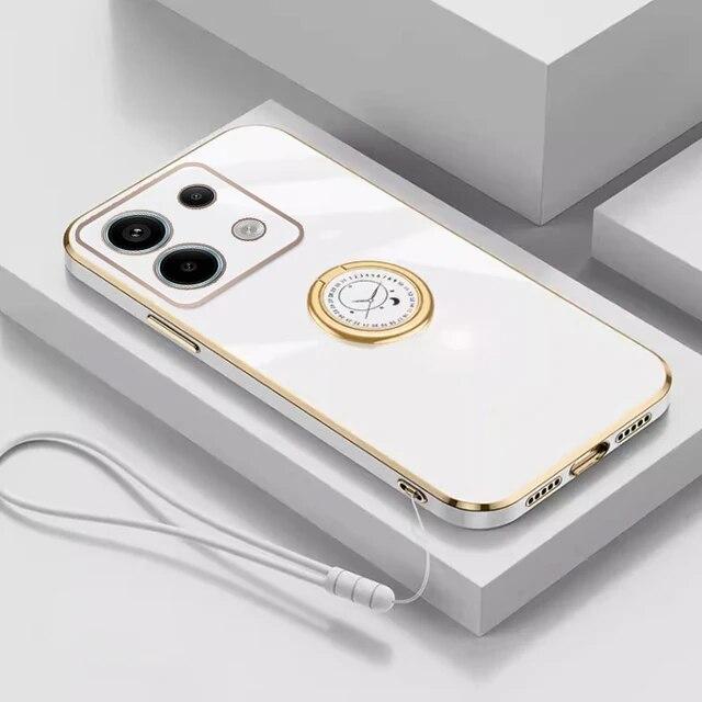 

Для Redmi Note 13 Pro чехол-держатель с кольцом для телефона Redmi Note 13 5G, защита объектива, гальваническая пластина с силиконовым чехлом на ремешке for redmi note13 5G белый