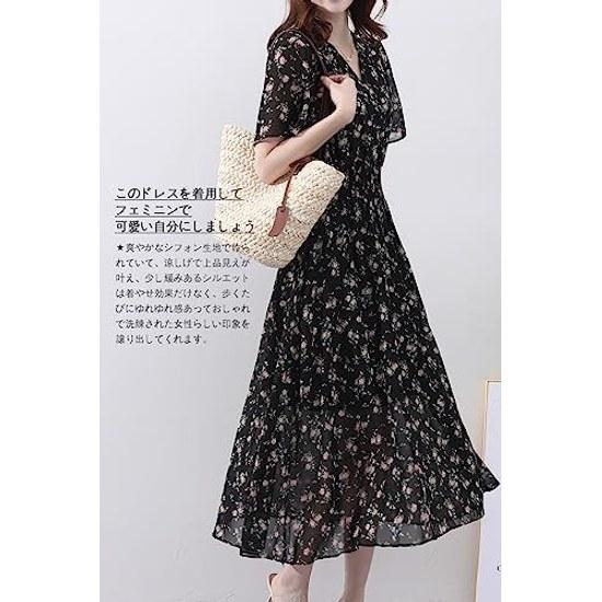 Yino Floral Long Dress Short Sleeve Womens Chiffon Maxi V-Neck Flare Sleeves Lined Elastic Waist Elegant Commuting Summer