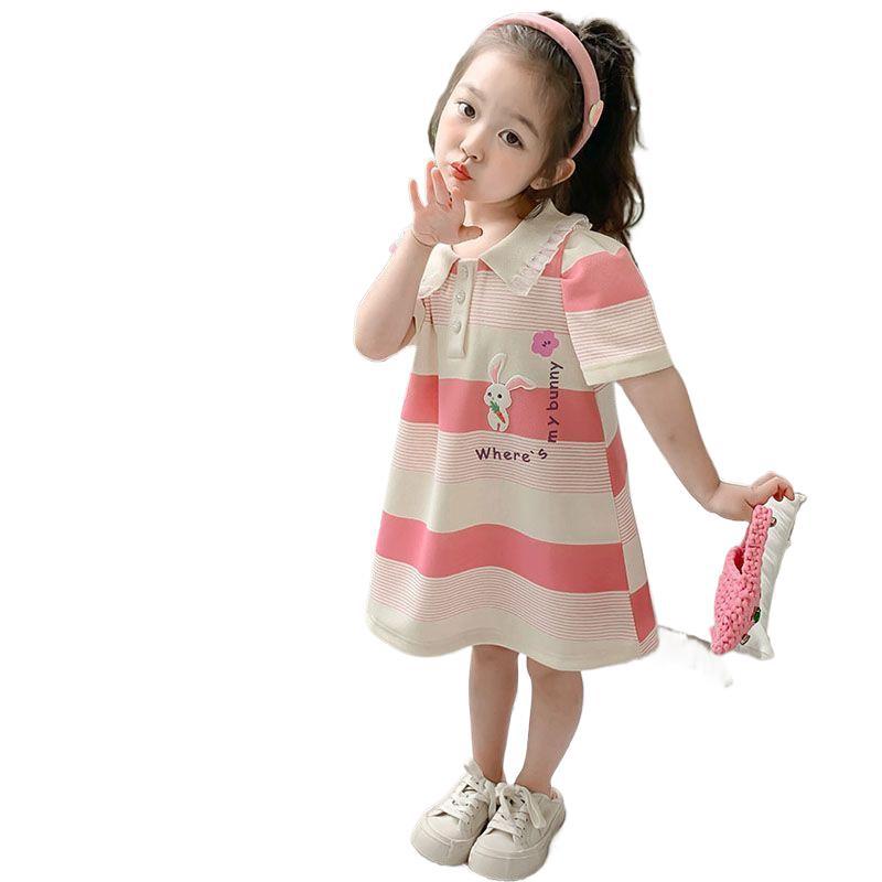 Mädchen Sommer Gestreiftes Poloshirt Kleid Dünn Kurzarm Modisches Freizeitkleid für Große Kinder
